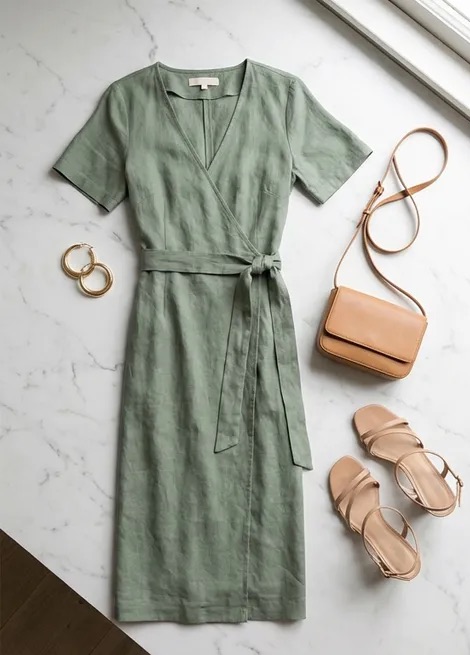 Sage Wrap Dress flat lay